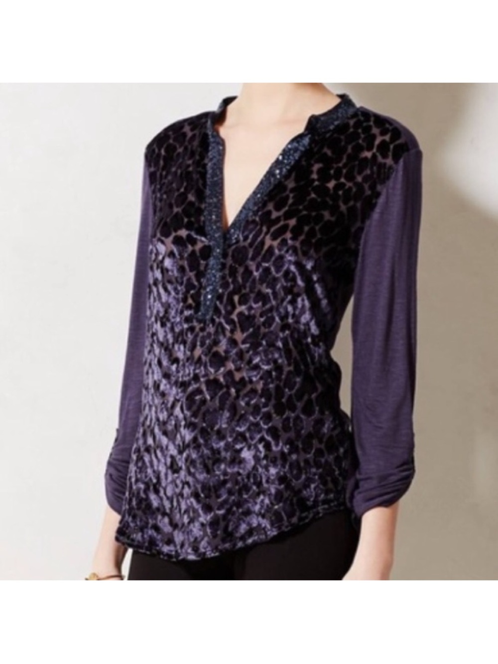 Anthropologie Tiny Blue Velvet-Burnout Long Sleeve Top Silk Blend Animal Printed